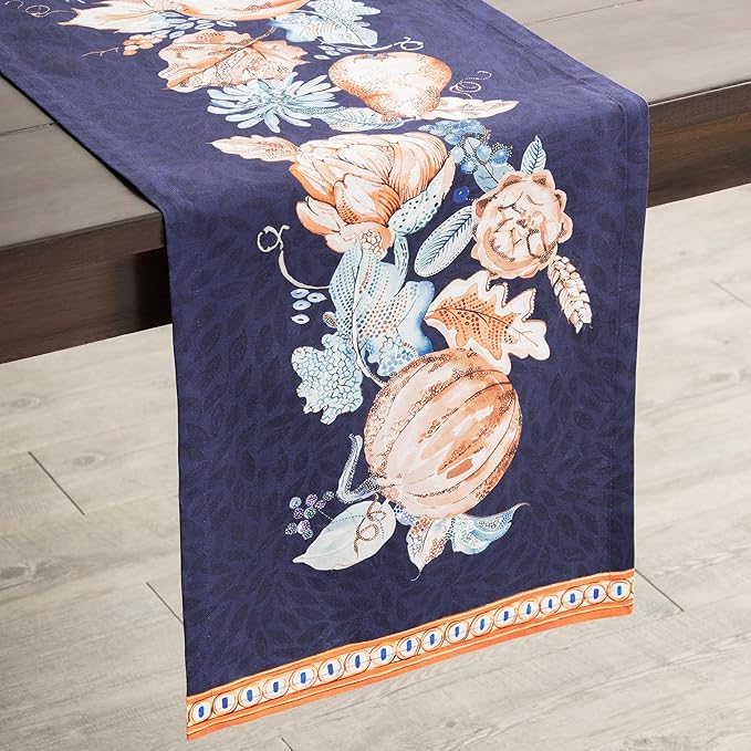 Maison d' Hermine Table Runner 100% Cotton Single Layer Table Runners 108 inches Long for Thanksgiving Christmas Decorations Home Kitchen Dining Party Wedding (Pumpkin Blues, 14.5" x 108")