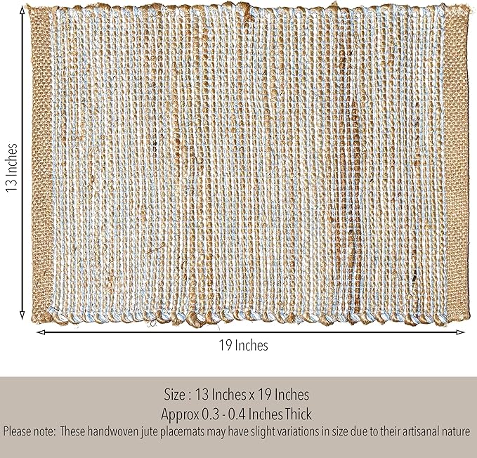 Chardin Home Natural Jute & Sky Blue-White Placemats, Set of 4 – Rustic Handmade Boho Table Mats, 13x19 in Dining Table Placemats - Kitchen, Everyday Meals, Holidays, Farmhouse or Modern Table Décor