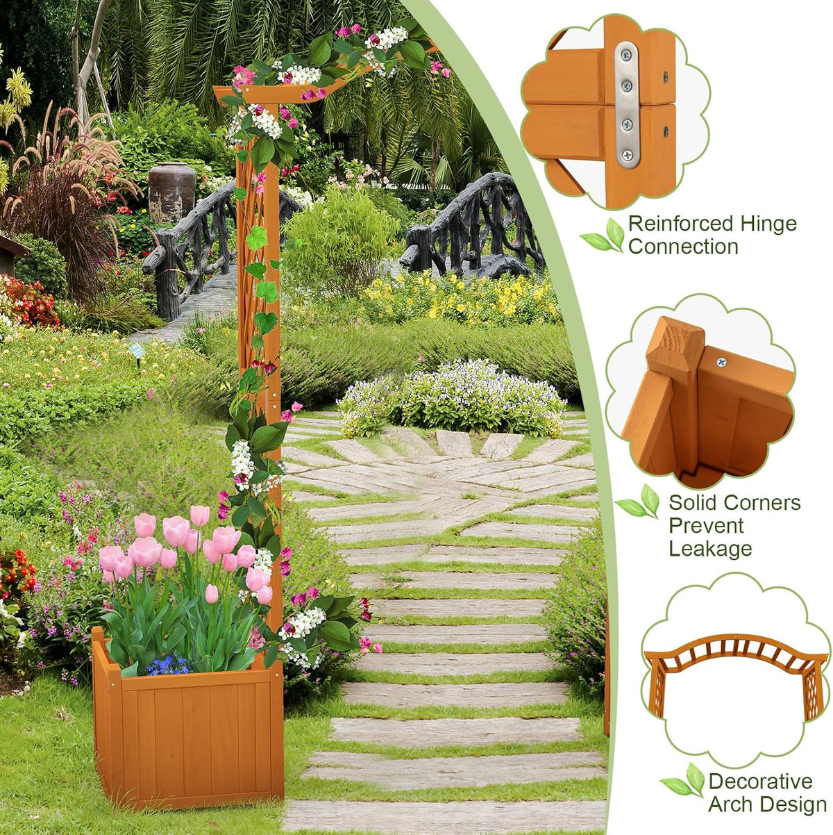 moccha wooden garden arbor with planter - outdoor, front angle view