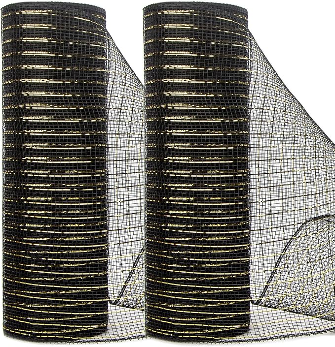 Ribbli 2 Rolls Black Mesh Ribbon,10 inch x 30 feet(10Yard) Each Roll,Metallic Black with Gold Wide Foil,Use for Wreaths Swags and Christmas Tree Decoration