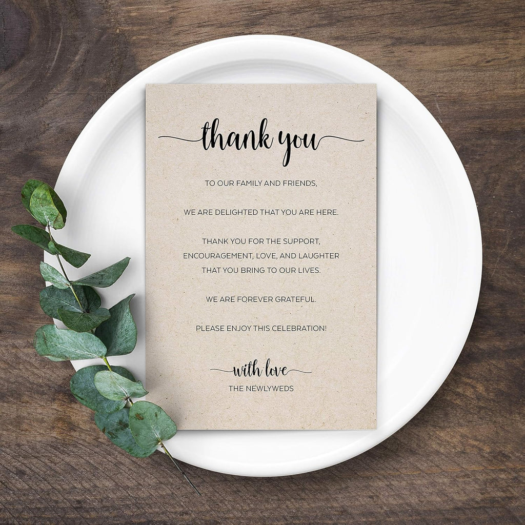 321Done Thank You Place Setting Card for Newlyweds, Thank You for Celebrating with Us, Minimalist Script 4x6 TanTable Placecards for Wedding, Made in USA, 50-Pack