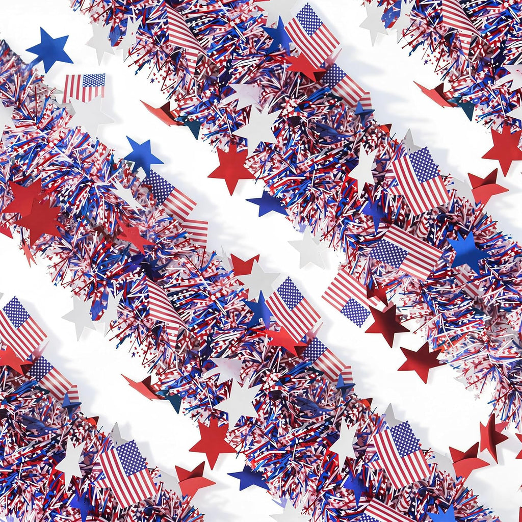 Yuubin 4th of July Garland American Flags Star Tinsel Patriotic Red White and Blue Garland Independence Day Decoration,for Memorial Day Home Indoor Outdoor Party Stairs Fireplace Golf Cart Decor
