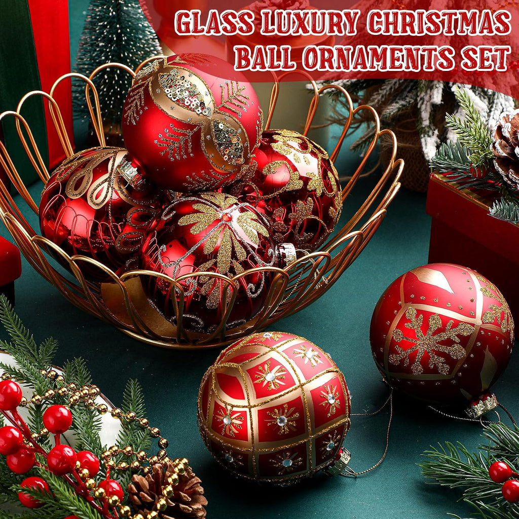 GlikCeil 6 Pcs 3.15 Inch Glass Luxury Christmas Ball Red and Gold Ball Ornaments Glass Christmas Tree Decorations Luxury Hanging Ornaments for Xmas Tree Party Holiday Decor