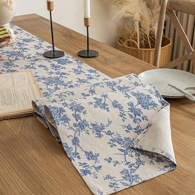 Pastoral Table Runner - 14 x 108 Inch Rectangle - Beige Linen - Washable Tabletop with Dust-Proof Wrinkle Resistant for Restaurant, Picnic, Indoor and Outdoor Dining, Floral (Dark Blue)