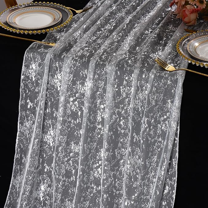 LOMOHOO 10 Ft Silver Table Runner, Silver Sheer Sequin Table Runners 120 Inches Long Glitter Metallic Foil Lace Fabric Table Decor for Birthday Party Wedding Anniversary Centerpiece (2pcs)