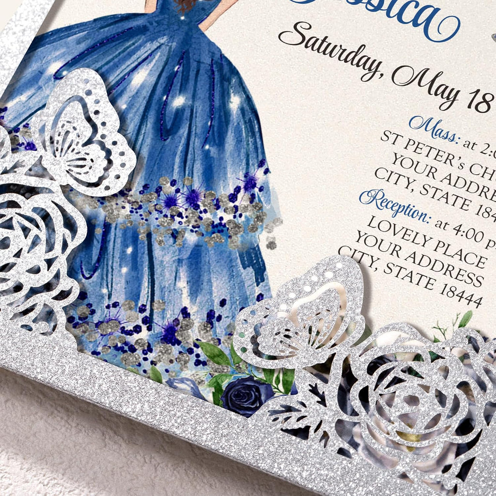 DORIS HOME 50Pcs Glitter Silver Butterfly Quinceanera Invitations, 5" x 7" | Laser Cut, For Quinceanera, Sweet 16, Miss XV, No Inserts Included