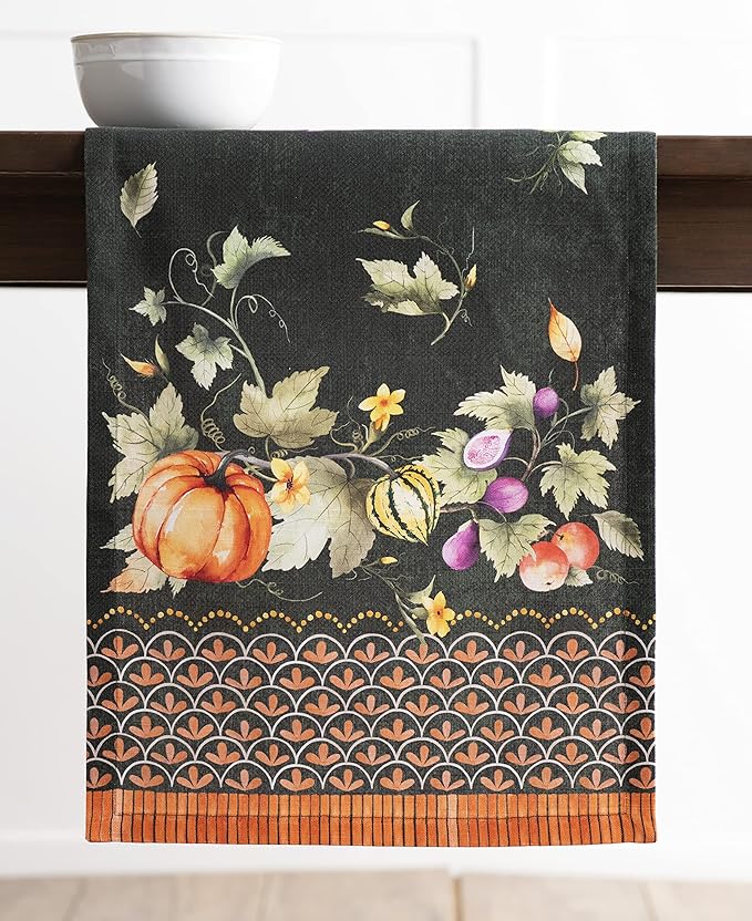 Maison d' Hermine Table Runner 100% Cotton Single Layer Table Runners 108 inches Long for Thanksgiving Christmas Decorations Home Kitchen Dining Wedding (Pumpkin Garden - Dark Green, 14.5" x 108")
