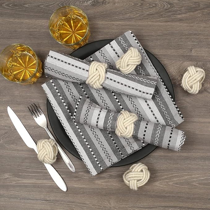 Farmhouse Napkin Ring Set of 12 - Handwoven Cotton & Jute Knot Design for Table Decor, Weddings, Dinner Parties & Everyday Dining - Decorative Adornment for Table Setting (Off White) - CLEENTABLE