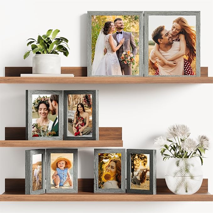 decorUhome Double 4x6 Picture Frame Vertical, Engineered Wood Bifold Photo Frame with Plexiglass for Tabletop Display, 4x6, Grey