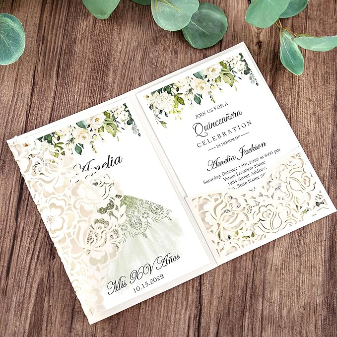 DORIS HOME 50pcs Laser Cut Quinceanera Invitations Green and Ivory White, 4.7x7.1 Blank Quince Invitations for 15th Birthday, Invitation cards for Sweet 16 with Envelopes
