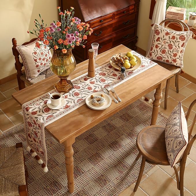 ISAENNE Designer Elegant Linen Table Runner 71 Inches Long,Vintage Orange Floral Pattern Table Runners for Dining Tables,Kitchen Decor,Thanksgiving,Christmas,Banquet,12"*71"-Alvarado A