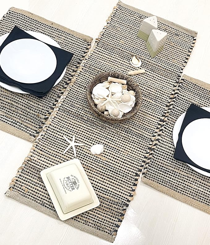 Chardin home Natural Jute Table Runner 13x48 Inch – Vintage Boho Rustic Table Decor – Handwoven Table Runner in Natural Jute and Black – Farmhouse Dining or Console Table Accent