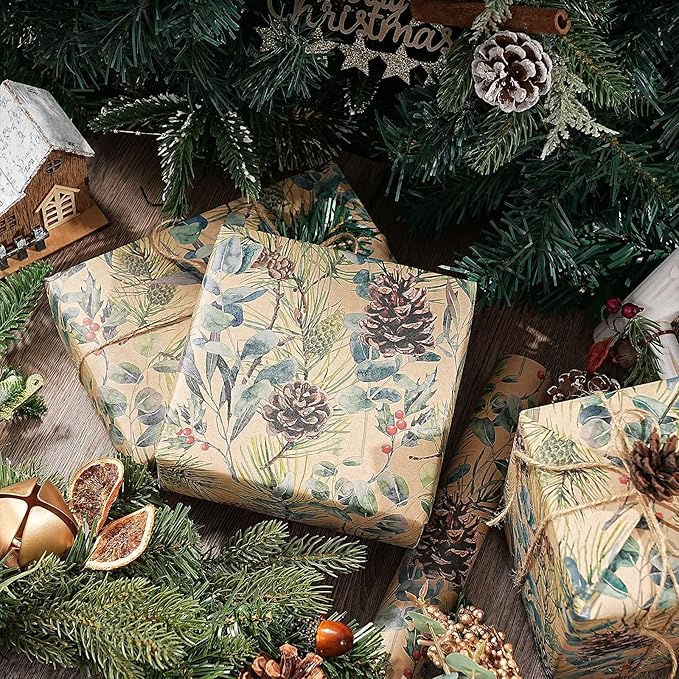 RUSPEPA 30" X 100' Kraft Christmas Wrapping Large Paper Roll, Jumbo Roll, Watercolor Pinecone and Eucalyptus Leaf Design, Kraft Gift Wrap for Christmas, Winter Holiday Party, Rustic Natural Theme