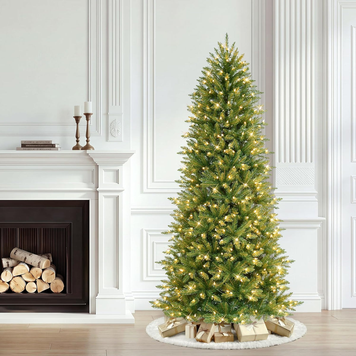 puleo international 6.5ft pre-lit slim fraser fir artificial shown in use