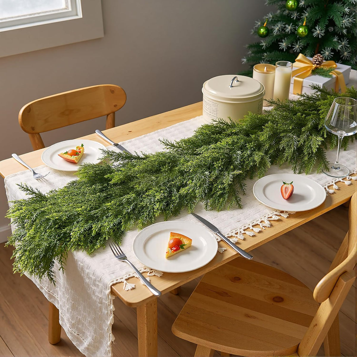 joyin 6 ft cedar christmas garland, realistic pine showing dimensions