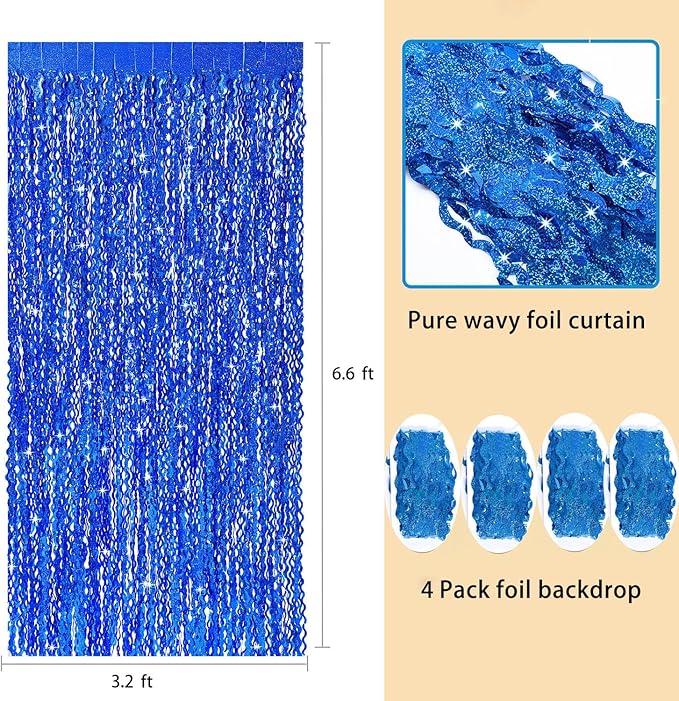 4 Pack Navy Blue Wavy Foil Fringe Curtains Party Decorations - 3.3 ft x 6.6 ft Streamer Tinsel Curtain Party Photo Backdrops for Birthday Party