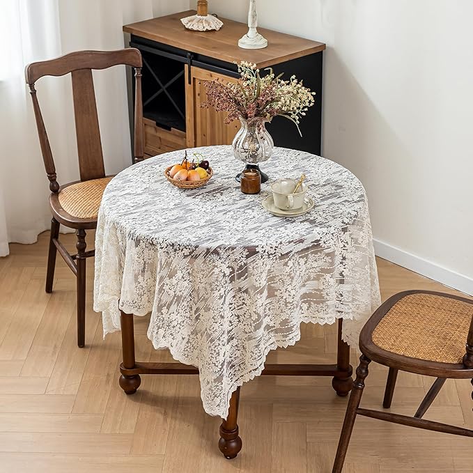 Lace Embroidered Tablecloth. Square Lace Vintage Tablecloth Dustproof Table Protector for Kitchen Dining Room Party Banquet Home Picnic Wedding Decoration (Creamy White 27.5×27.5 inch)