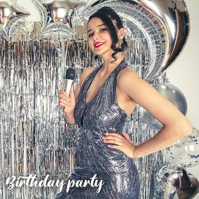 24 Pack Silver Metallic Foil Fringe Curtains, 3.2ft x 8.2ft Foil Fringe Curtain Backdrop Foil Streamers Party Supplies Tinsel Curtain Backdrop for Parties/Birthday/Halloween/Photo Booth