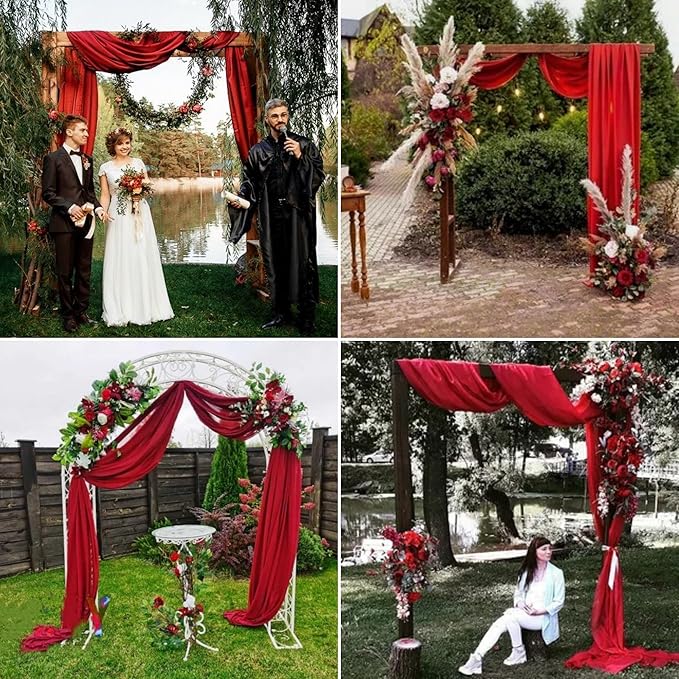 4 Panels Wedding Arch Draping Fabric 28" x 20Ft Chiffon Wedding Arch Drapes Chiffon Fabric Drape Sheer Backdrop Curtain for Weddings Ceremony Birthday Party Event Reception Backdrop Ceiling Décor(Red)