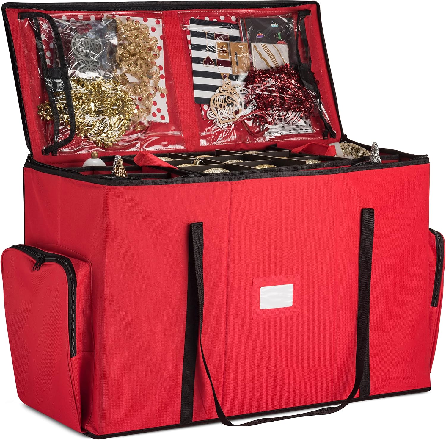 ZOBER All in One Christmas Ornament Storage Box & Decoration Container - Easy Access Removable Trays, Keeps 73 Ornaments - Adjustable Extent Area for Figurines and Pockets for Decoration - Red
