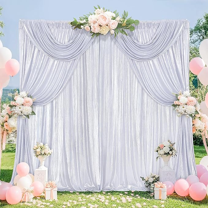 Silver Photo Backdrop 2 Panels 4.8x8FT Long Backdrop Drapes Curatin Glitter Sequin Background with Rod Pockets for Party Birthday Wedding Photography