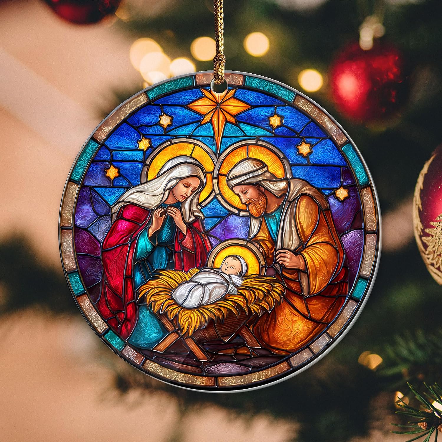 Christmas Nativity Scene Ornament 2025, Holy Family Stained Glass Effect 3.54" Acrylic Ornament, Baby Jesus Ornaments for Christmas Tree Decor - Catholic Religious, Christian Gifts for Women, Friends