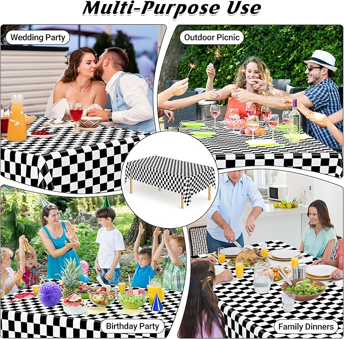 QZYL 4Pack Plastic Table Cloth Disposable, 54" x 108" Waterproof Tablecloths Rectangular, Black and White Checkered Table Cover for Picnic Birthday Party Supplies Outdoor Gathering BBQ Holiday Dinner