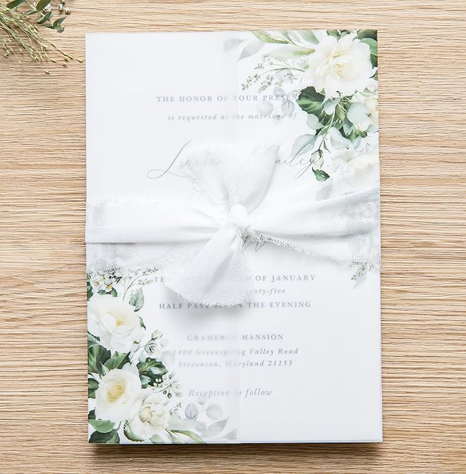 PONATIA 50 PCS Vellum Jackets for 5x7 Invitations- 135gsm White Floral Printed Vellum Sleeves, Quinceanera Wedding Invitation Cards Wraps, Green Flower Transparent Jacket