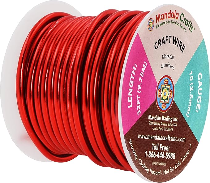 Mandala Crafts 10 Gauge Anodized Aluminum Craft Wire for Jewelry Making - 32 FT Colored Flexible Red Wire - Bendable for Bonsai Armature Crafting Sculpting