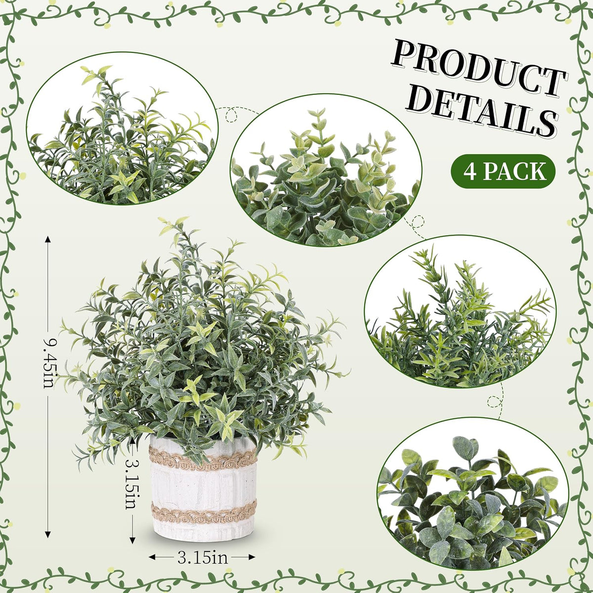 Der Rose 4 Pack Sage Green Artificial Plants Indoor for Farmhouse Decor