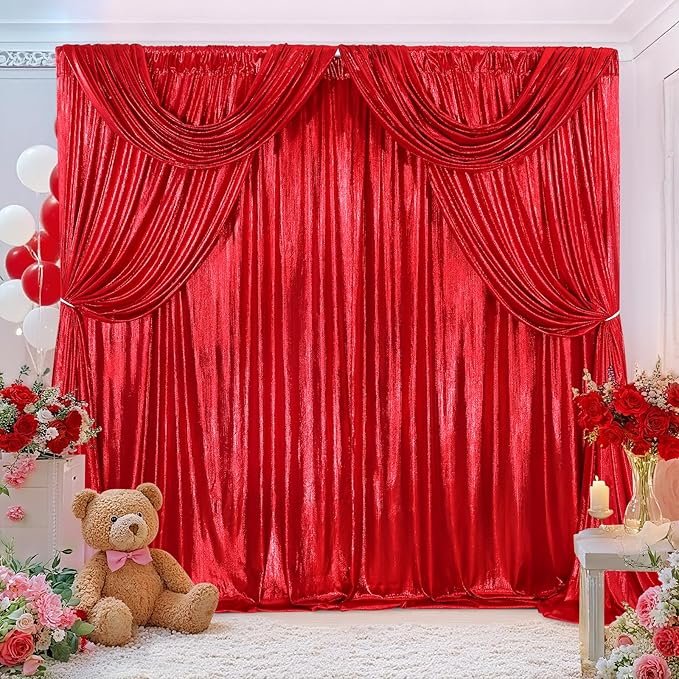 Christmas Backdrop Curtains Glitter Fabric - 4.8x8FT 4 Panels Red Background for Baby Shower Birthday Photography Decoration (19.2x8FT)