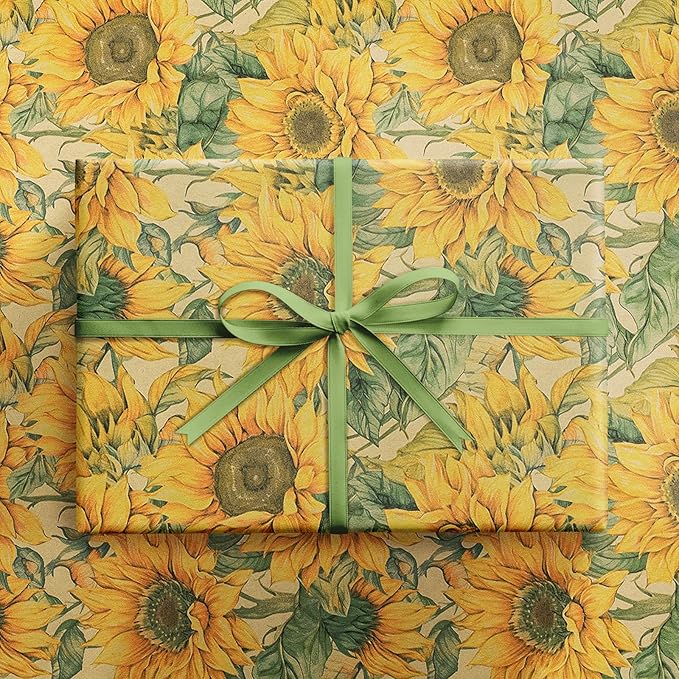 RUSPEPA Sunflower Wrapping Paper Roll for Women Girls, Mini Roll, Watercolor Sunflower Design, Fall Floral Kraft Gift Wrp Paper for Birthday, Thanksgiving, Autumn Gifts, 17 Inches x 16.4 Feet