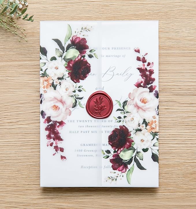 PONATIA 50 PCS Vellum Jackets for 5x7 Invitations- 135gsm Burgundy Floral Printed Vellum Sleeves, Quinceanera Wedding Invitation Cards Wraps