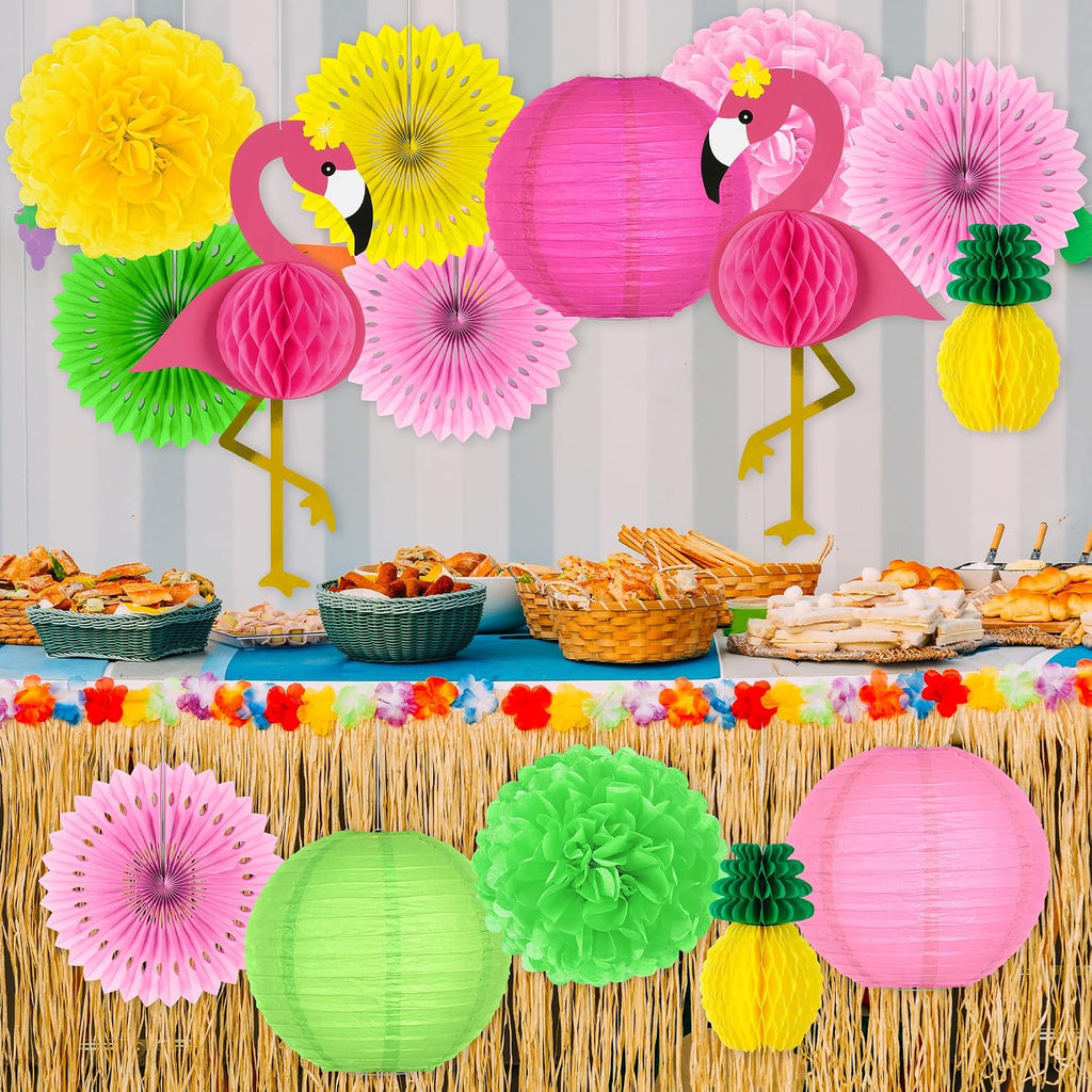 Heartome 13PCS Hawaiian Party Decorations, Luau Party Decorations, Flamingo and Pineapple Honeycomb Paper Flowers Fans and Ball Lanterns for Summer Tropical Beach Party Decorations Supplies Favors