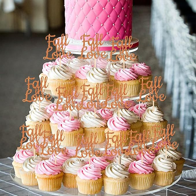 24 PCS Fall in Love Cupcake Toppers Glitter Fall Theme Bridal Shower Cupcake Picks for Autumn Wedding Engagement Anniversary Birthday Party Cake Decorations Supplies Orange