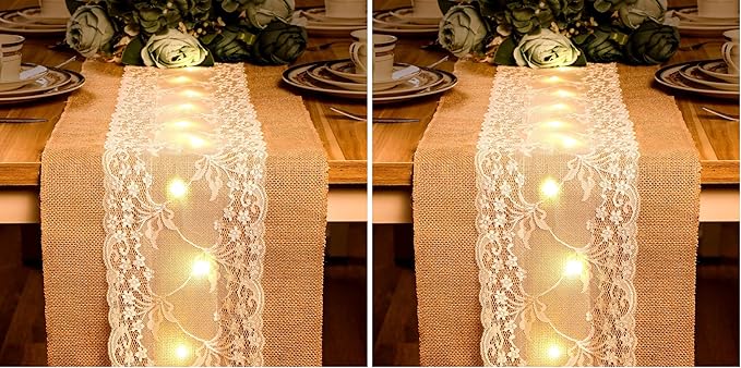 Burlap Table Runner with LED String Lights Rustic 12" x 108" Christmas Tablecloth Lighted Table Runner Farmhouse Decor for Wedding Bridal Shower Xmas Holiday (Pack of 2)