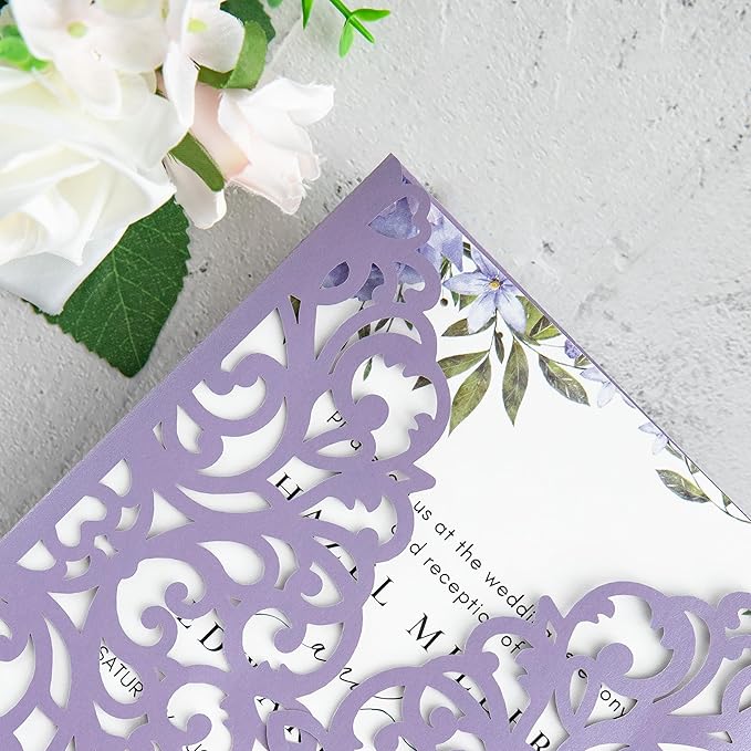20Pcs Lilac Laser Cut Invitation Cards With Blank Inner Sheets for Wedding Cards Bridal Shower Engagement Quinceanera Invitation (No Envelopes)