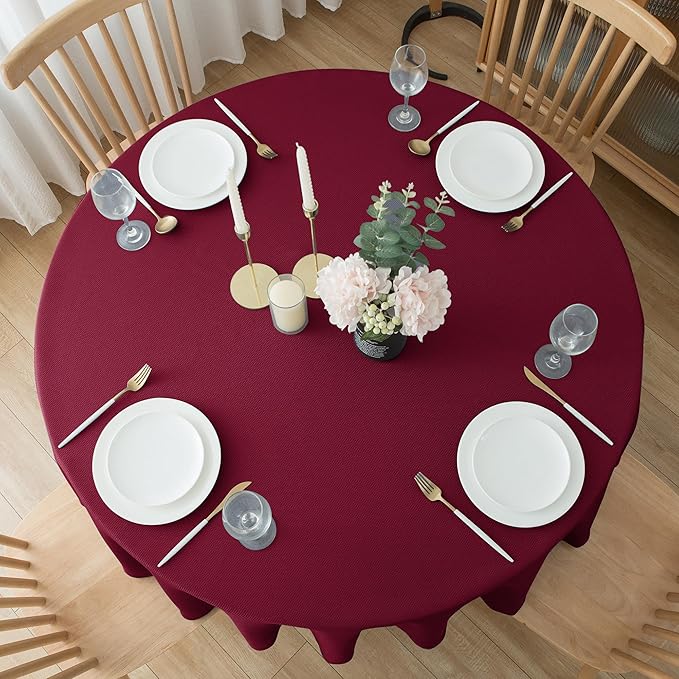 Biscaynebay Textured Fabric Christmas Round Table Cloth 120", Burgundy Water Resistant Folding Table Covers for Dining, Kitchen, Wedding, Parties etc. Machine Washable