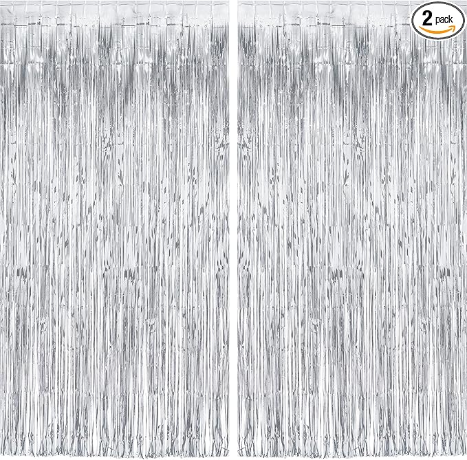 Silver Streamers Metallic Party Backdrop - GREATRIL Foil Fringe Tinsel Curtain for 2026 NYE/Birthdays/Prom/New Years/Graduations/Photo Booth, 8.2ft x 3.2ft - Pack of 2