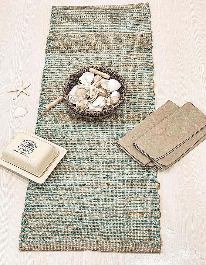 Chardin home Natural Jute Table Runner 13x36 Inch – Vintage Boho Rustic Table Decor – Handwoven Table Runner in Natural Jute and Aqua Turquoise – Farmhouse Dining or Console Table Accent