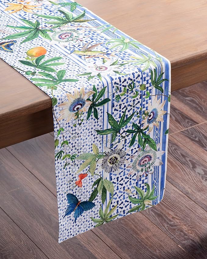 Maison d' Hermine Table runner 100% Cotton Single Layer Table Runners 72 inches long Decorative for Home Kitchen Dining Party Baby Shower Wedding Bridal Shower Spring Summer (Passiflora, 14.50" x 72")