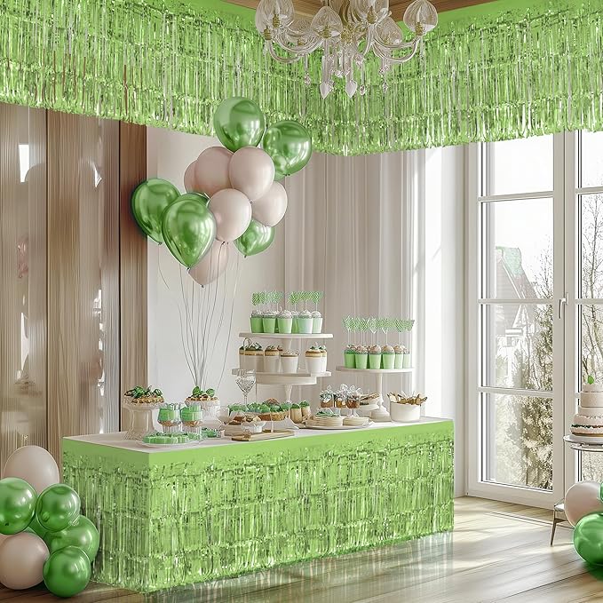 2 Pack Light Green Table Skirts, 29x108" Metallic Foil Tinsel Fringe Table Skirts for Rectangle Tables Streamer Curtains Backdrop, Party Decorations for Birthdays Weddings Holidays