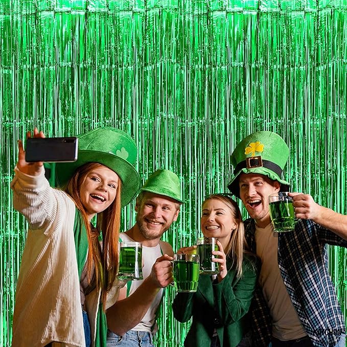 4 Pack Green Foil Fringe Curtain Backdrop, 3.28Ft x 8.2Ft Metallic Tinsel Foil Fringe Streamer Curtains for Photo Booth Props Decor Party Supplies