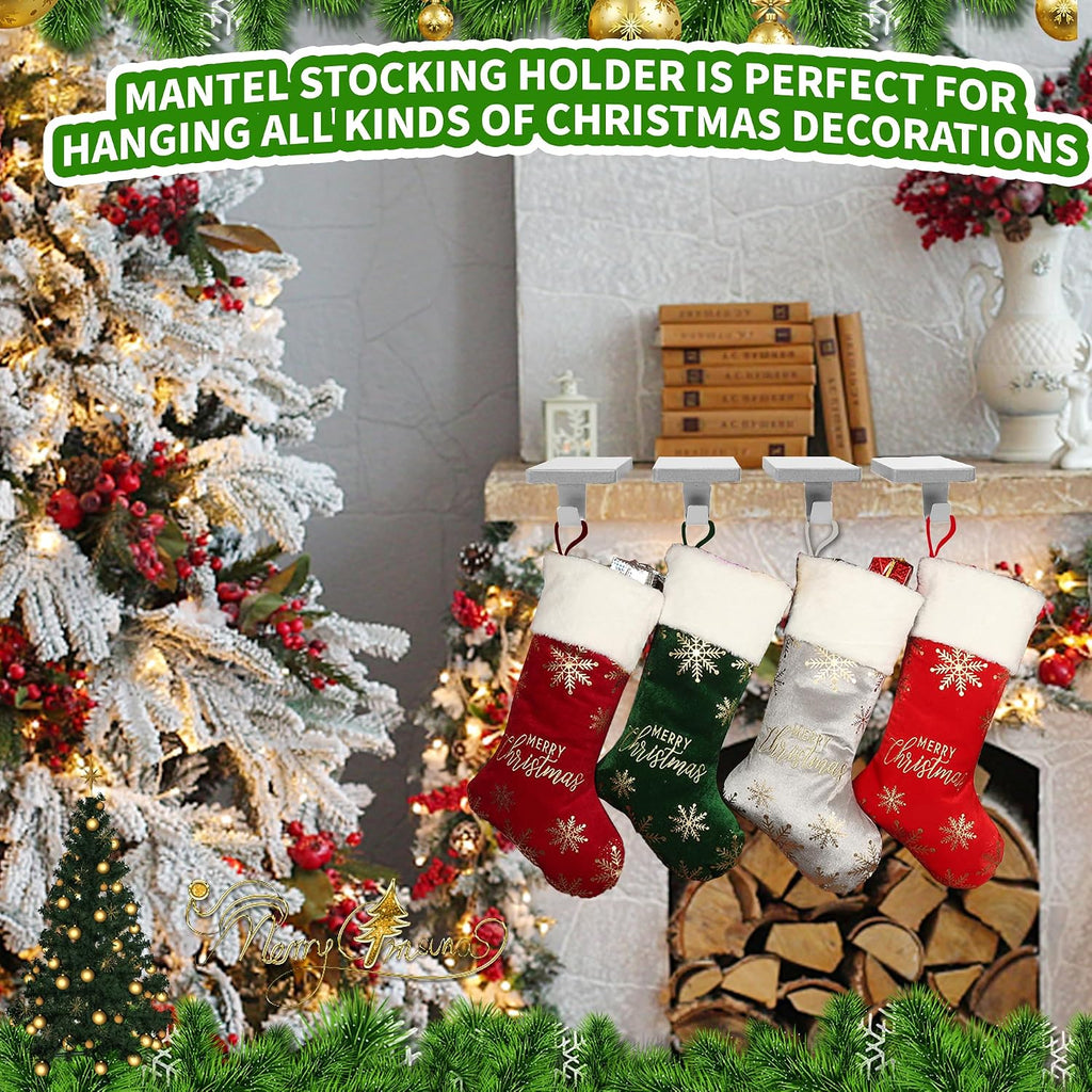 4 Pcs Christmas Stocking Holders, Mantel Stocking Hangers Metal Hanging Hooks with Protective Pads for Xmas Holiday Counter Window Home Table Silver