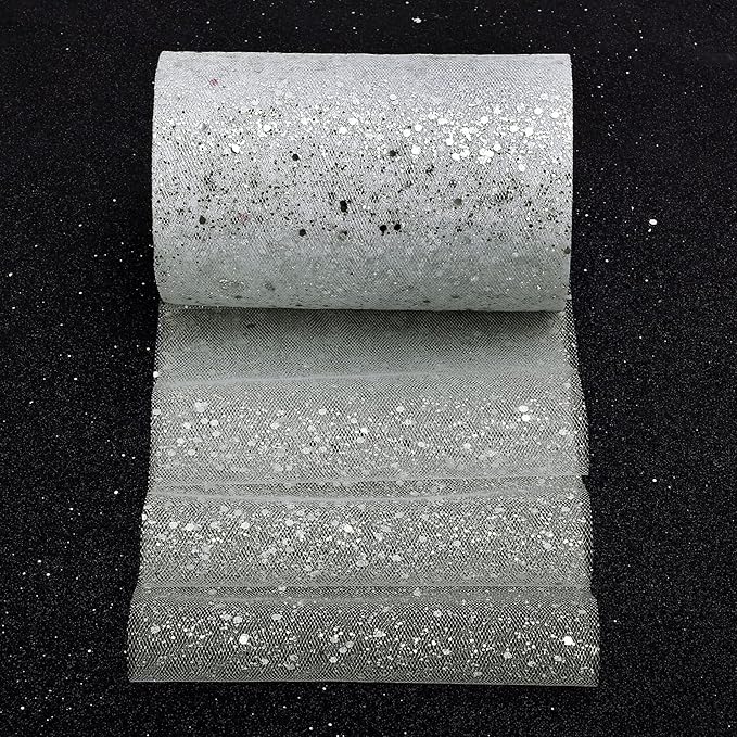 Glitter Tulle Rolls, 6” by 50 Yards (150FT) Sparkling Tulle Spool Ribbon Sequin Tulle Netting Fabric for Tutu Skirt Wedding Birthday Baby Shower (White)