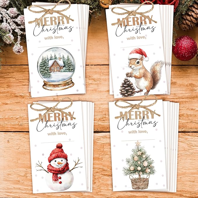 40 Pcs Christmas Gift Tags, 2.1"×3.5" Merry Christmas Tree Paper Tags with String, Hanging Presents Label Wrapping for Party Favor Decorations, 4 Styles - A03