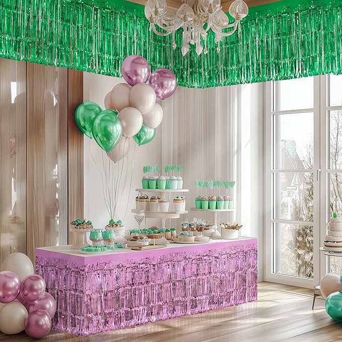 2 Pack Light Pink Green Table Skirts, 29x108" Metallic Foil Tinsel Fringe Table Skirt for Rectangle Tables Streamer Curtains Backdrop, Party Decorations for Birthdays, Weddings, Holidays