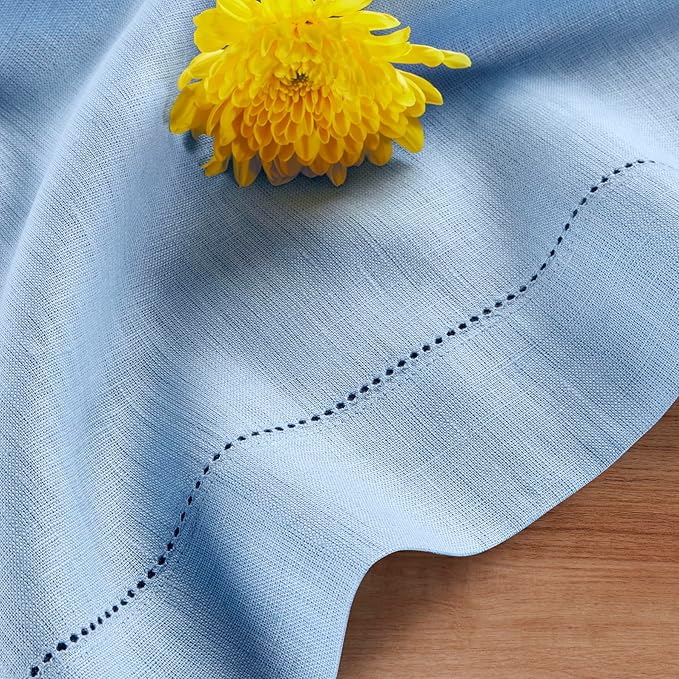 Solino Home Cornflower Blue Linen Tablecloth 60 x 108 Inch - 100% Pure Linen Hemstitch Table Cloth for Rectangle Tables - Classic Hemstitch, Machine Washable Tablecloth for Christmas, Holiday