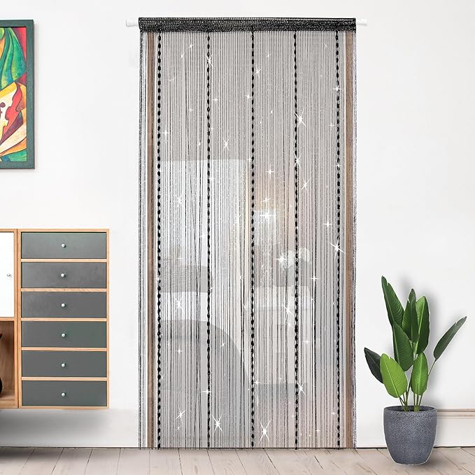 Hysenm Door String Curtains 39x79 Inch Black Panel Soft Balls Romantic Glitter Fringe Room Divider Home Décor Wedding Girls Bedroom Window Living Room Backdrop Party Doorways Closet