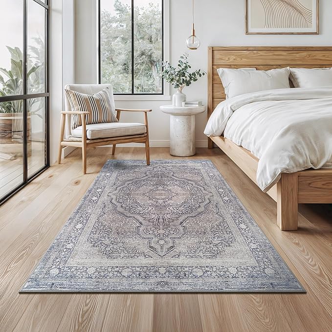 Bloom Rugs Washable Non-Slip 4' x 6' Rug - Blue/Steel Gray/Beige Traditional Medallion Area Rug for Living Room, Bedroom, Dining Room, and Kitchen - Exact Size: 4' x 6'